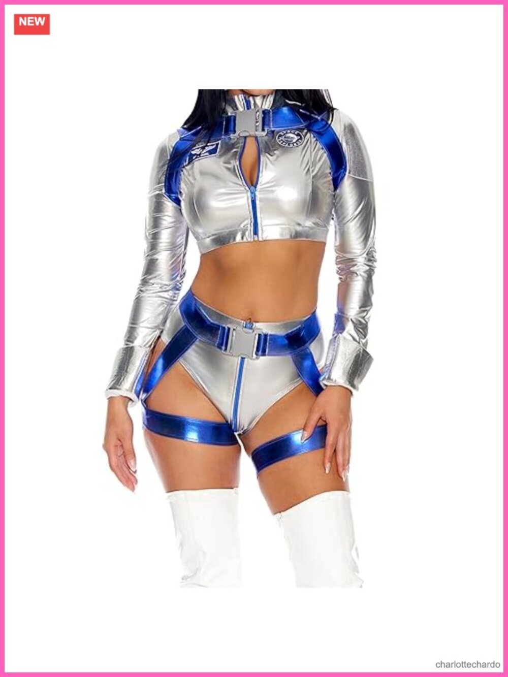 Women's Galaxy Trip Astronaut Costume Set with Top Panty Harness Garter Glasses
